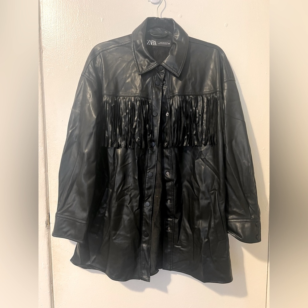 Zara Pleather Mid length fringe jacket